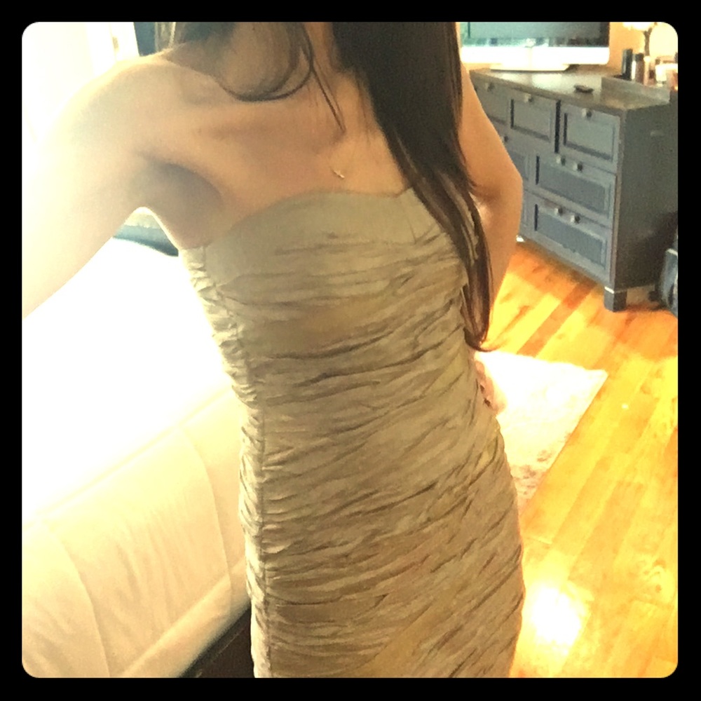 Ruched gold/ tan strapless bodycon dress by Daisy